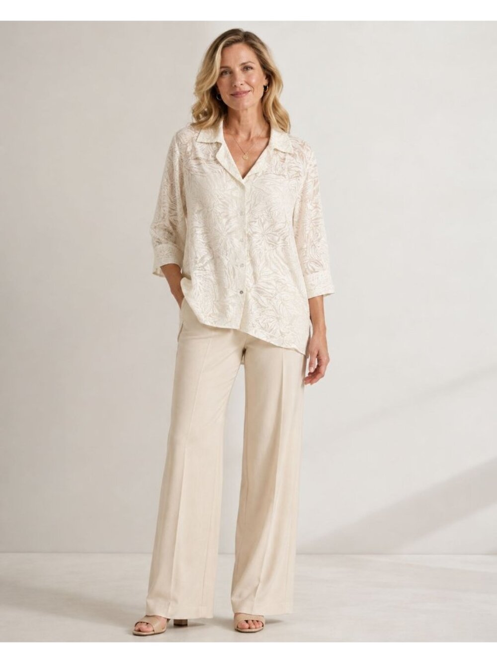 Notations Womens Semi-Sheer Floral Button-Down 3/4 sleeves Blouse Ivory XLarge - Picture 1 of 13